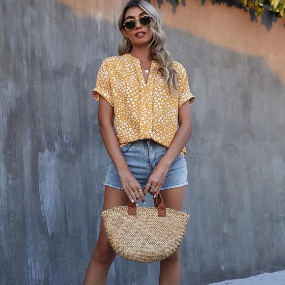 New Floral Print Batwing Sleeve Blouse Yellow - Picture 4 of 7